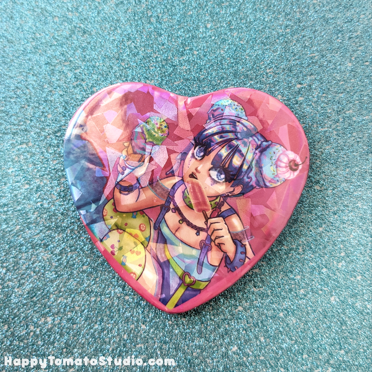 Neon Heatwave Holographic Heart Shaped Button - 2.5 in