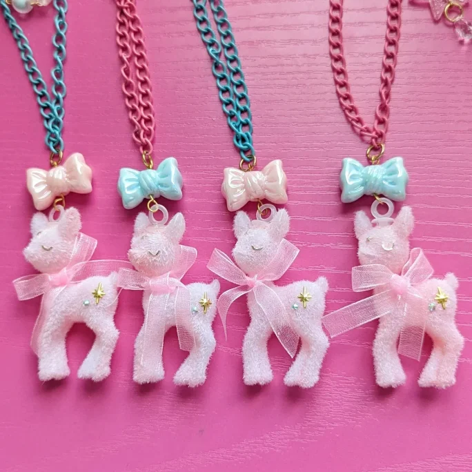 Minty Tinsel Flocked Deer Necklace